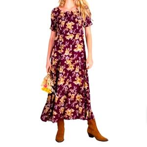 Natural Life Daisy Smocked Midi Dress Size M Off the Shoulder or On Wine Floral